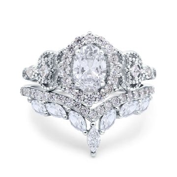 14K White Gold Wedding Band Bridal Ring Oval Accent Vintage Simulated Cubic Zirconia